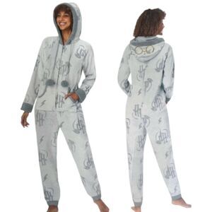 Harry Potter Pajama Womens Medium Gray One-Piece Hooded Front Zip Comfy Cozy
